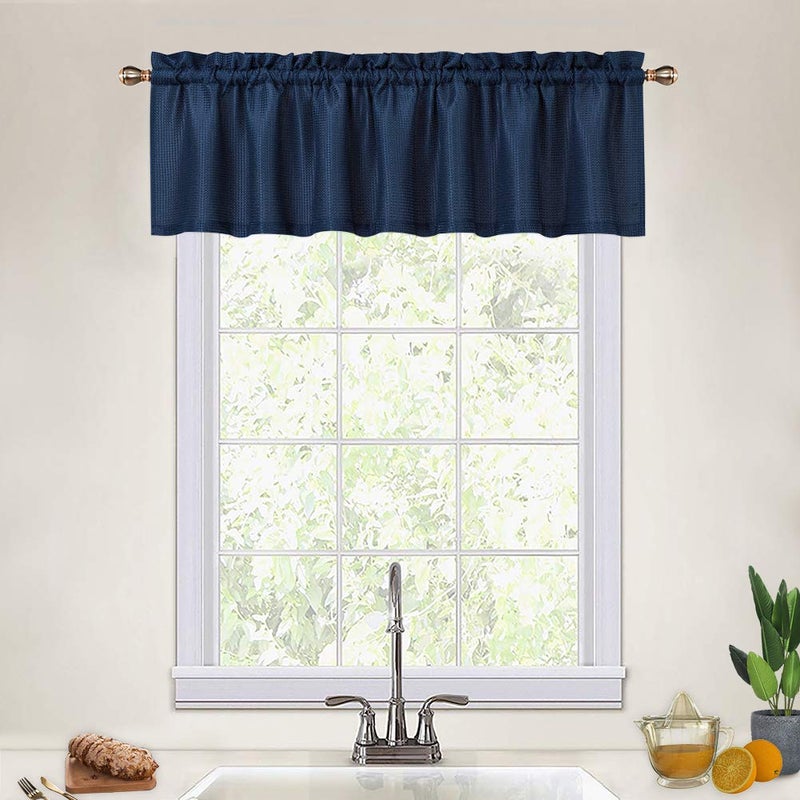 CAROMIO Navy Blue Curtain Valances for Kitchen, Waffle Textured Short Valances for Bathroom Windows Cafe Bathroom Curtains Short, Navy Blue, 60x15 Inch - Image 1